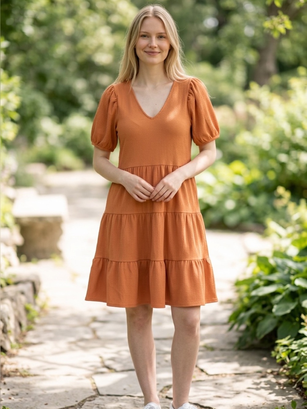 JDY Orange Tiered V-Neck Puff Sleeve Dress size medium